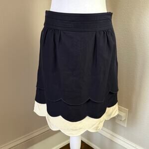 Floreat Anthropologie Navy Ivory Scalloped Tiered Skirt  Sz4 Cotton Silk Blend